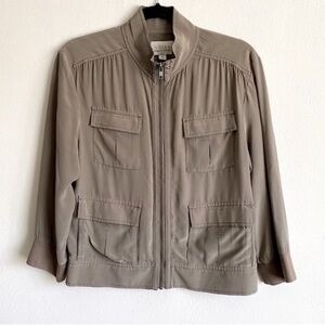 HINGE SILK CROPPED SAFARI CARGO UTILITY JACKET ZIP UP 3/4 SLEEVE Khaki Green M